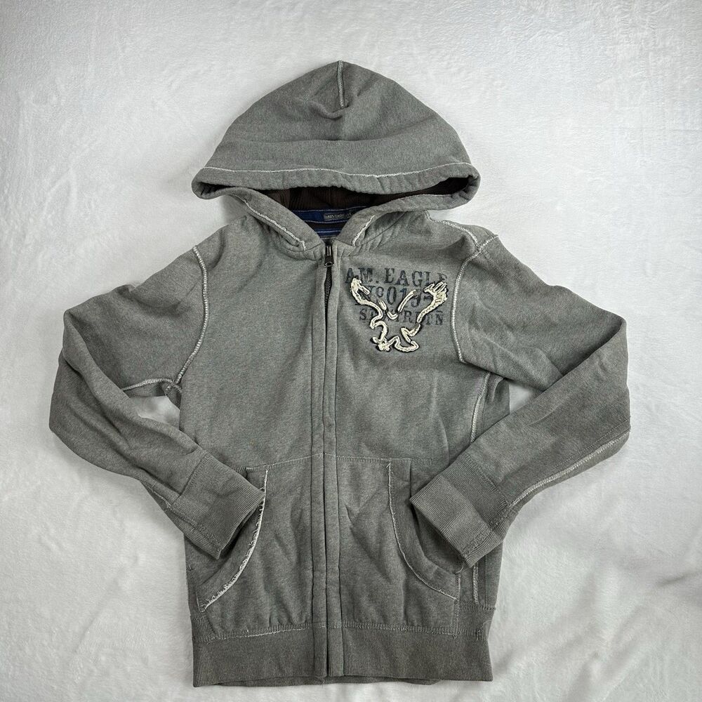 American Eagle Hoodie Men’s Small Gray Full Zip Vintage Fit Distressed Eagle